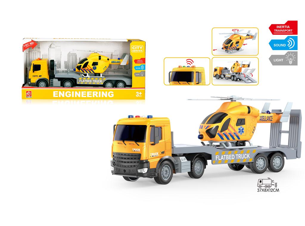 Camion cu inertie 1:18 cu elicopter, (lum/sun),galben RJ3379