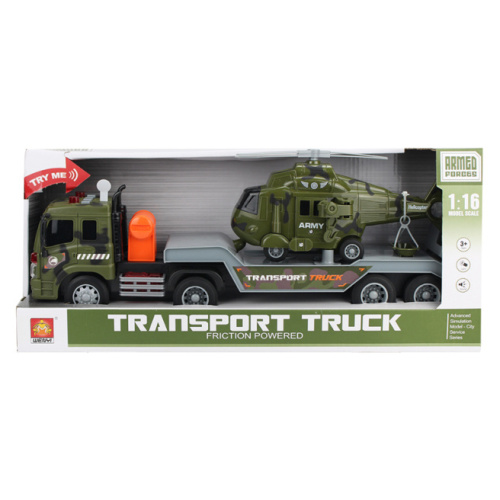 Transportator auto cu inerție 1:16 "Military" cu elicopter (lumini, sunete), 36222