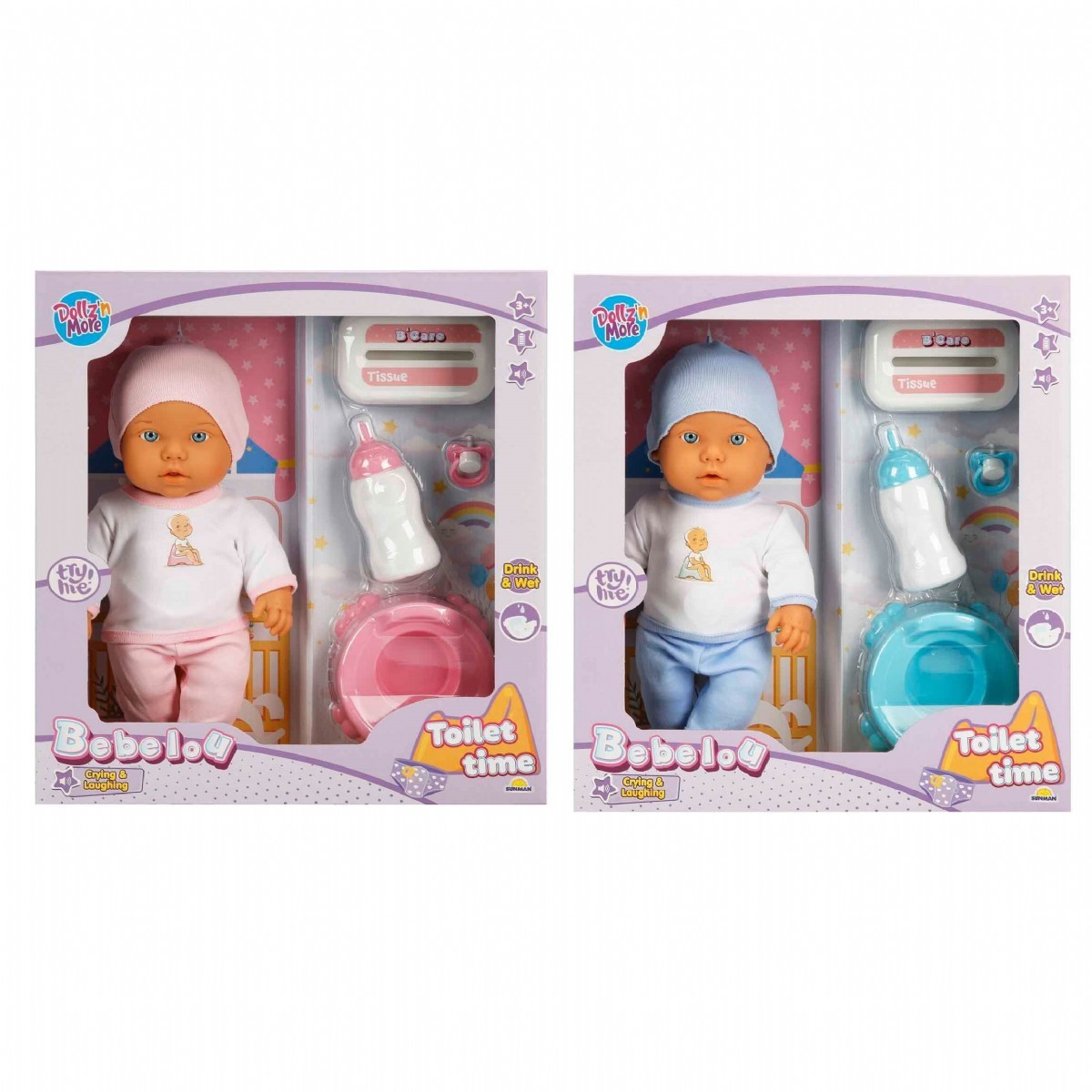 Păpușa BEBELOU LA TOALETĂ: BĂUTĂ ȘI UDAȚI, PLÂNGEȚI ȘI RÂDEȚI. 2 ANI. 32 CM. S01030141