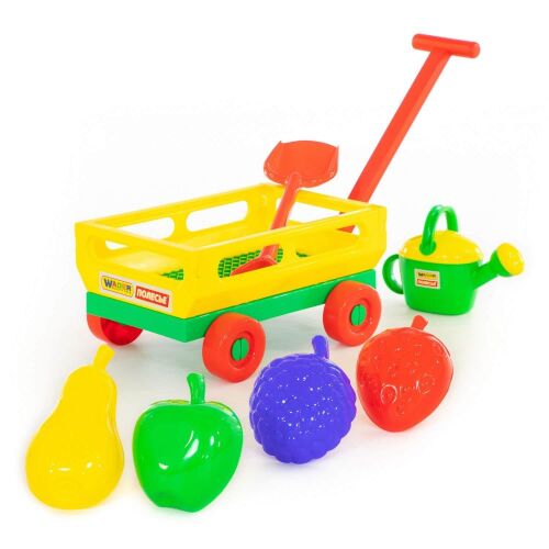 Set  Cărucior cu mâner #2, lopată medie, 4 matrițe mari „Fructe”, stropitoare  №8, 45713