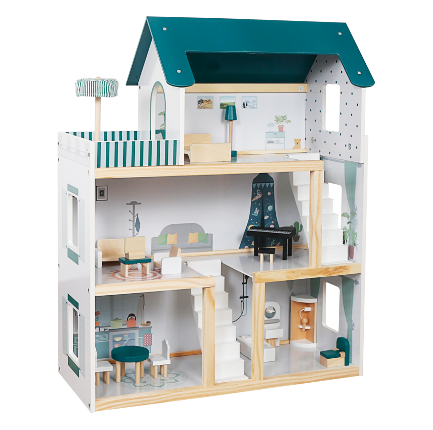 Casă de păpuși din lemn, 61,3 x 26,4 x 77,4 cm, turcoaz, W06A413G