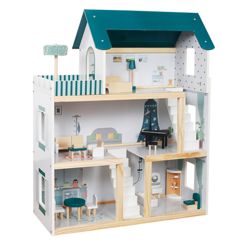 Casă de păpuși din lemn, 61,3 x 26,4 x 77,4 cm, turcoaz, W06A413G