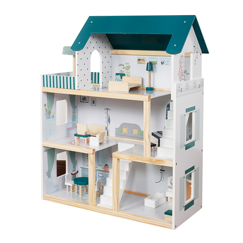 Casă de păpuși din lemn, 61,3 x 26,4 x 77,4 cm, turcoaz, W06A413G