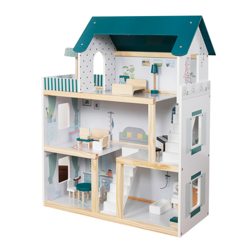 Casă de păpuși din lemn, 61,3 x 26,4 x 77,4 cm, turcoaz, W06A413G