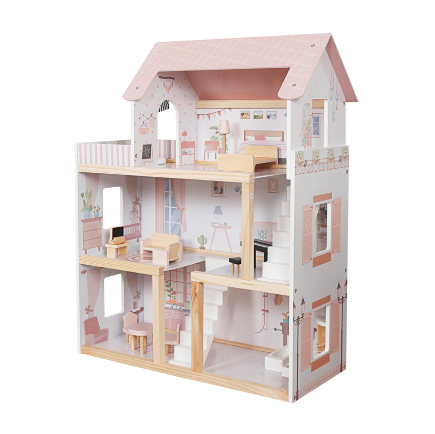 Casă de păpuși din lemn, 61,3 x 26,4 x 77,4 cm, roz, W06A413I