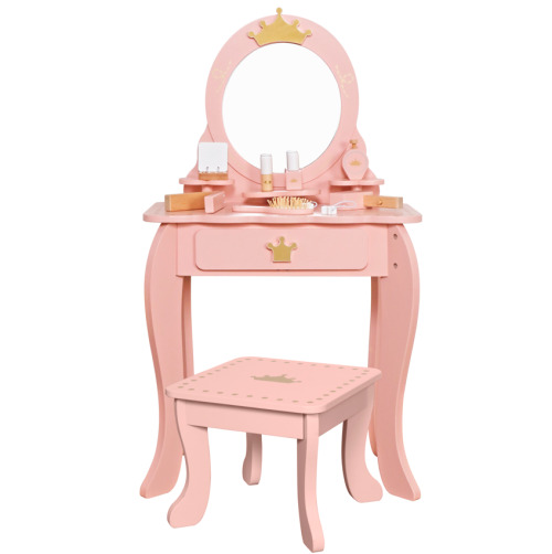 Masă de machiaj din lemn cu scaun, roz, W08H206B