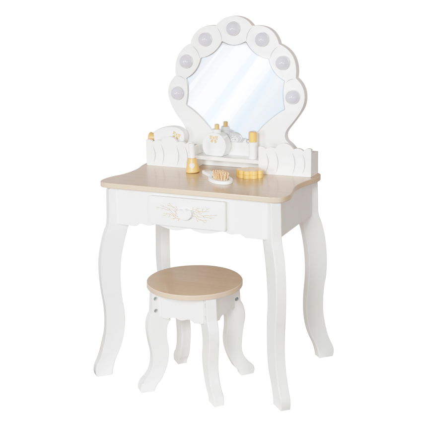 Masă de machiaj din lemn cu scaun iluminat, alb, W08H222