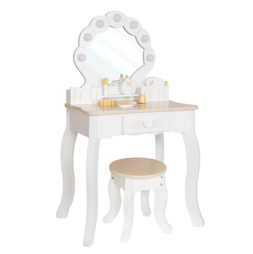 Masă de machiaj din lemn cu scaun iluminat, alb, W08H222