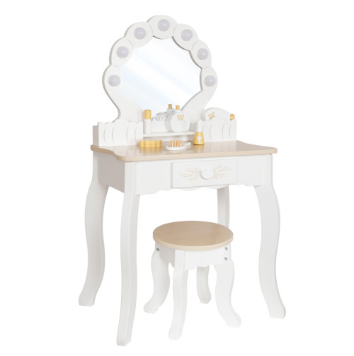 Masă de machiaj din lemn cu scaun iluminat, alb, W08H222