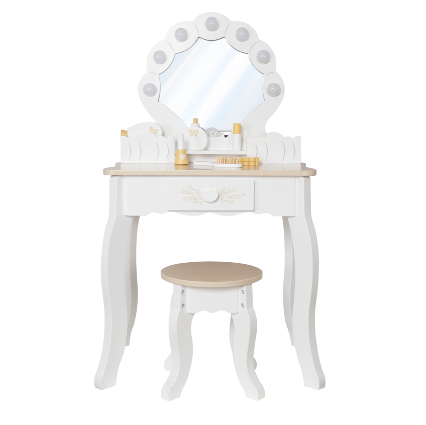 Masă de machiaj din lemn cu scaun iluminat, alb, W08H222