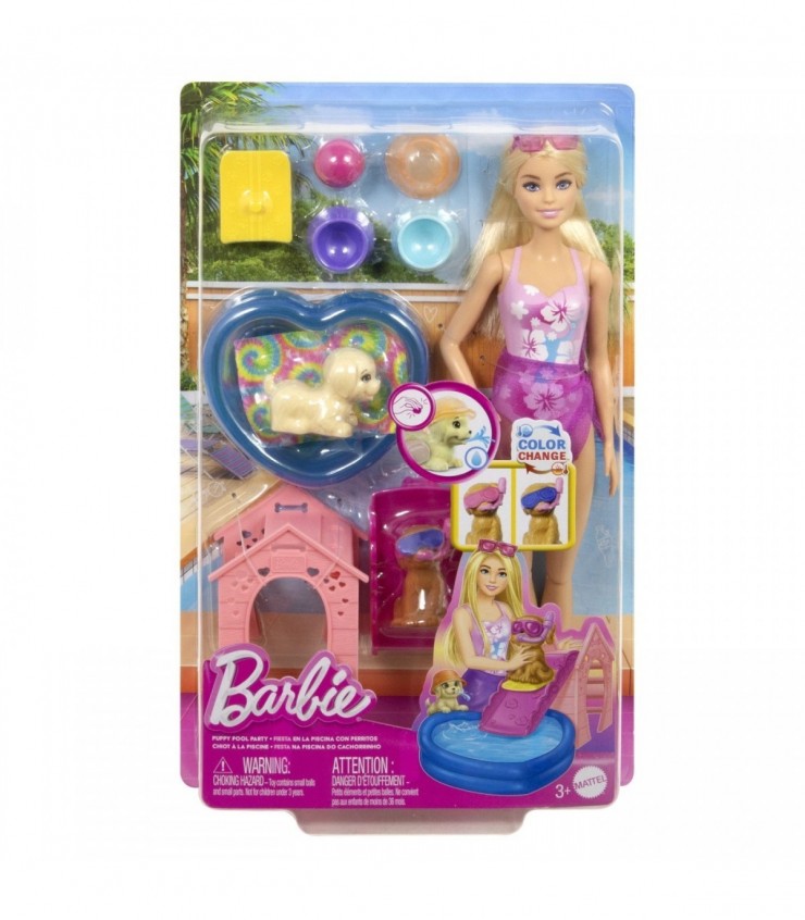 Кукла Барби и щенок у бассейна с функцией изменения цвета, MTJBF35