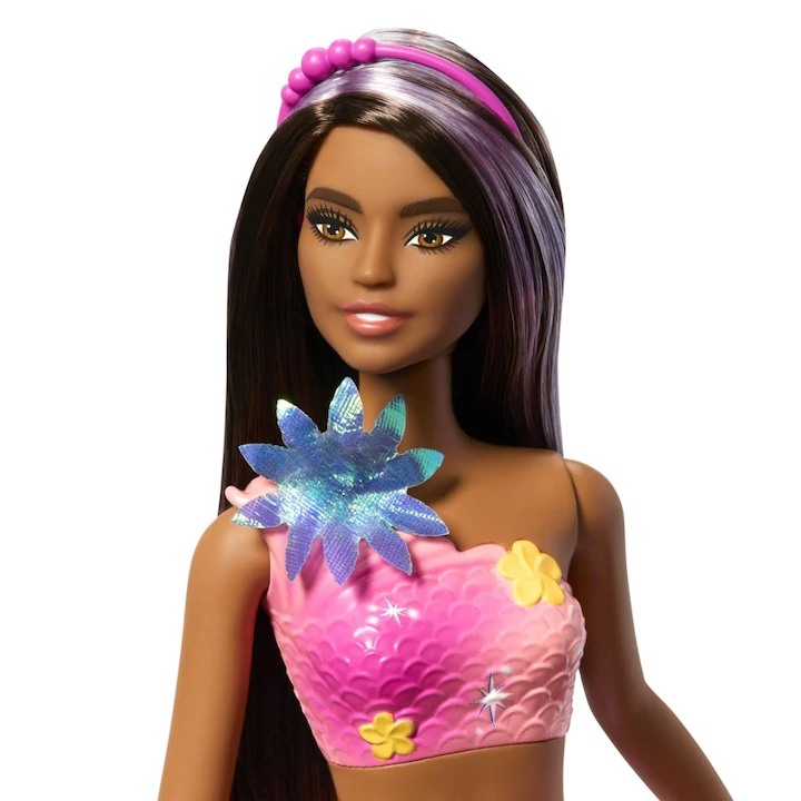 BARBIE PAPUSA SIRENA FLOAREA MAGICA CU PAR BRUNET SI COADA ROZ, MTJDM73