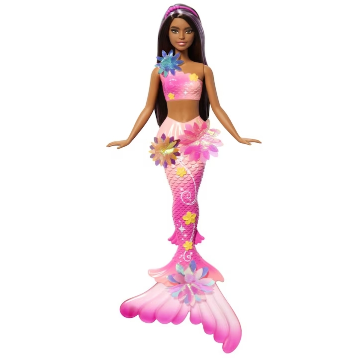 BARBIE PAPUSA SIRENA FLOAREA MAGICA CU PAR BRUNET SI COADA ROZ, MTJDM73
