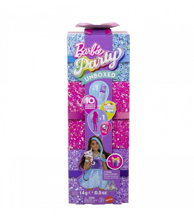 BARBIE SET PARTY UNBOXED REVEAL PAPUSA BARBIE VIOLET CU 10 ACCESORII SURPRIZA, MTJFY66