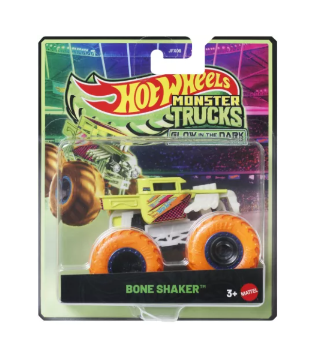 Монстр-трак Hot Wheels светится в темноте Bone Shaker с оранжевыми колёсами масштаб 1:64, MTJFX08_JFX11