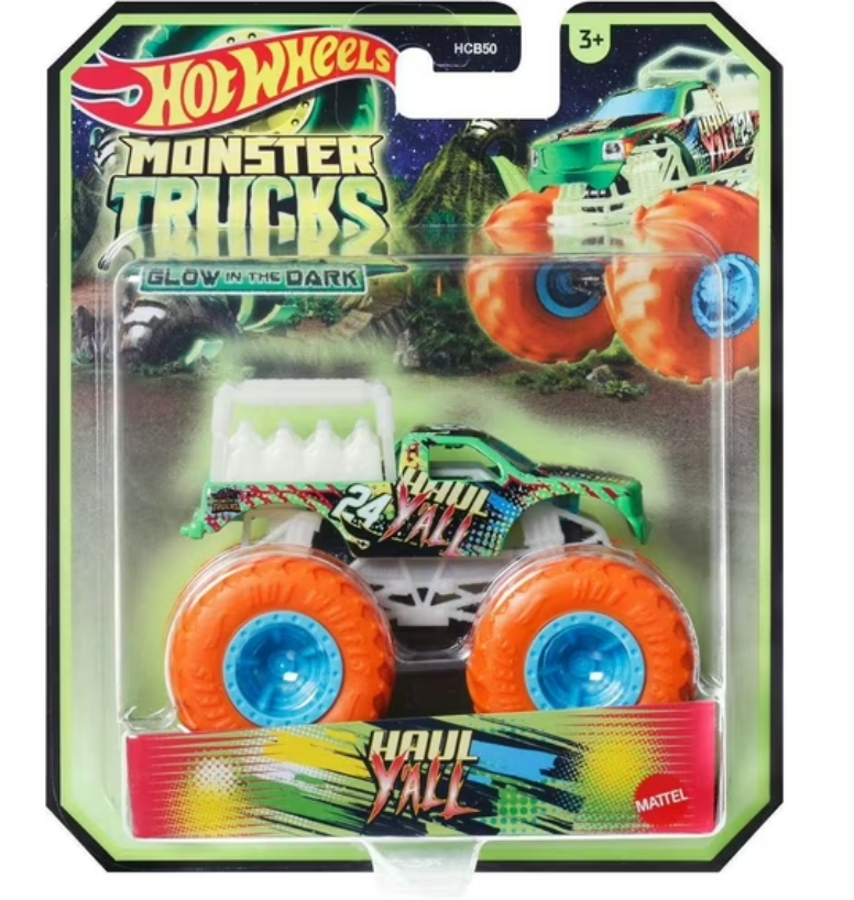 HOT WHEELS MONSTER TRUCK GLOW IN THE DARK MASINUTA HAUL YALL SCARA 1 LA 64, MTJFX08_JFX21
