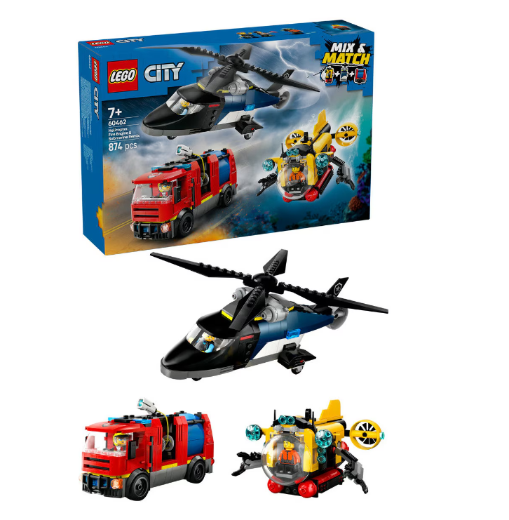 LEGO CITY ELICOPTER, CAMION DE POMPIERI SI SUBMARIN REMIXATE, 60462