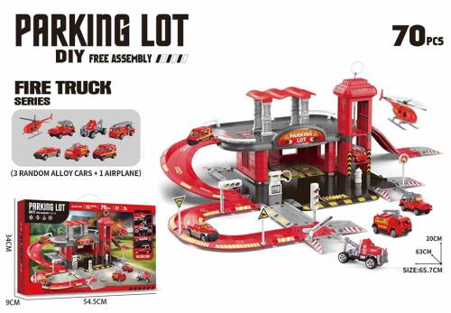 Parcare cu pista si statie de pompieri, ridicare dubla, cladire cu trei etaje, 70 piese, 13143-619