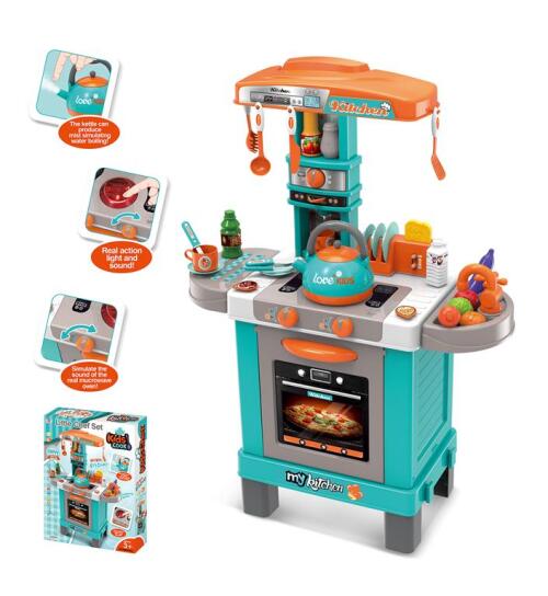 Bucătărie albastră cu plită, veselă și produse cu iluminare, 008‑939A