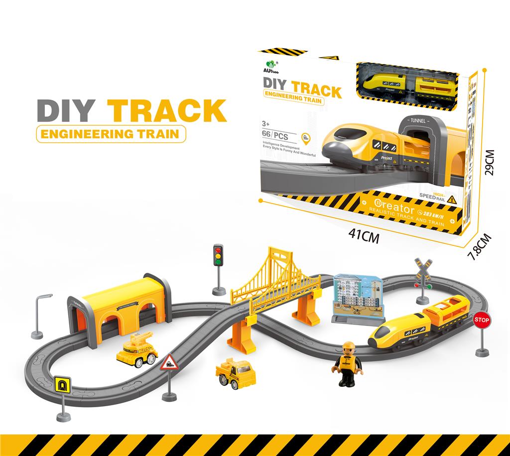 Tren electric de construcții cu cale ferată și accesorii, 66 piese, culori asortate, AU1881