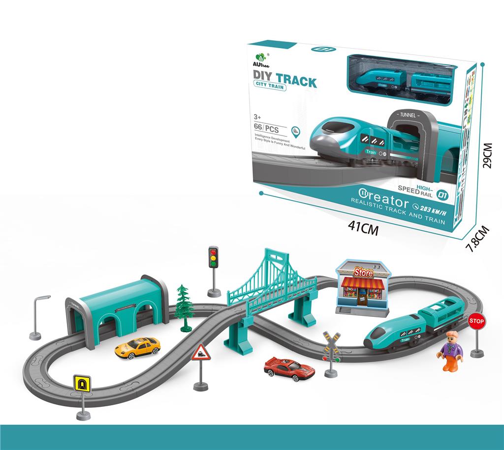 Tren electric urban cu cale ferată și accesorii, 66 piese, culori asortate, AU1884