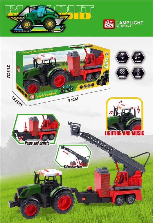 Tractor inerțial metalic cu remorcă, suport telescopic și pulverizator de apă, cu muzică și iluminare, 687-147A