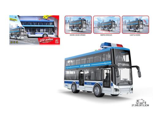 Autobuz inerțial „Poliție cu etaj dublu”, lumină/sunet, albastru RJ5514A