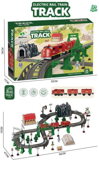 Cale ferată cu tren retro electric, semafor și accesorii 80 de copii, AU8661