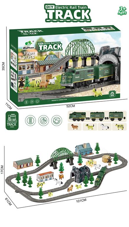 Cale ferată cu tren retro electric, semafor și accesorii 91 copii, AU8663