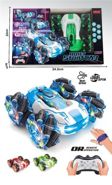 O mașină de cascadorii bidirecțională cu baterie, distribuitor de fum, joystick cu telecomandă și brățară de ceas cu telecomandă, HG4-34