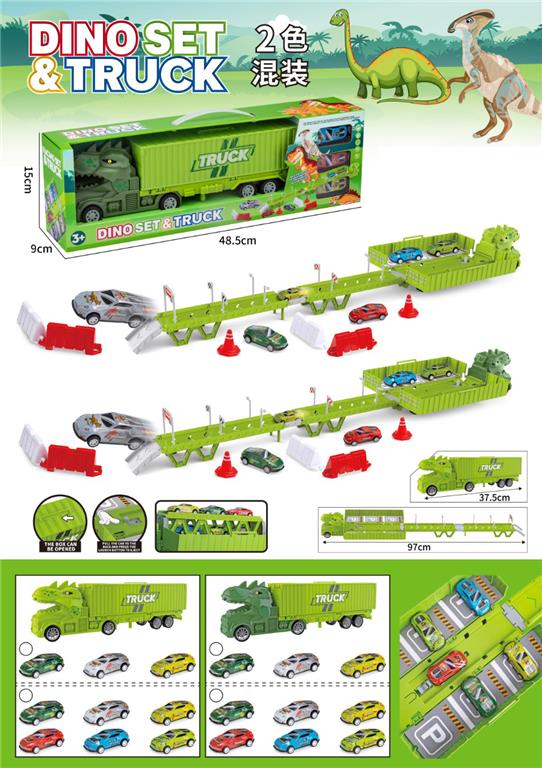 Un camion dinozaur transformabil, cu parcare, rampă și mașini cu remorcare incluse, 866-504A