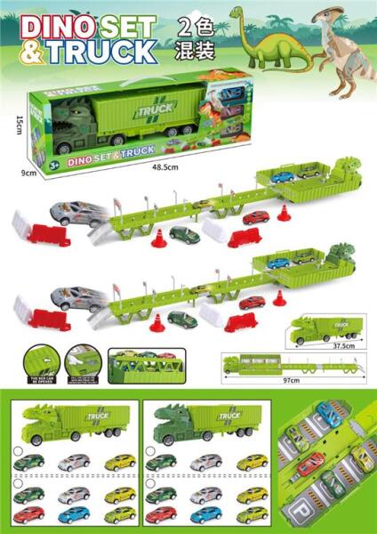 Грузовик-динозавр трансформер с парковкой, трамплином и инерционными машинками в комплекте, 866-504A