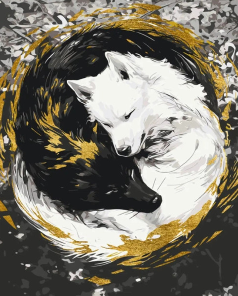 Pictura pe numere „Animale. Pereche de lupi” cu vopsele metalice (yin-yang) 40*50 cm Origami, LW3458