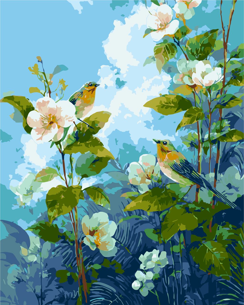 Pictura pe numere „Peisaj. Delicatetea primaverii: pasari printre flori” 40×50 cm Origami, LW2007-01