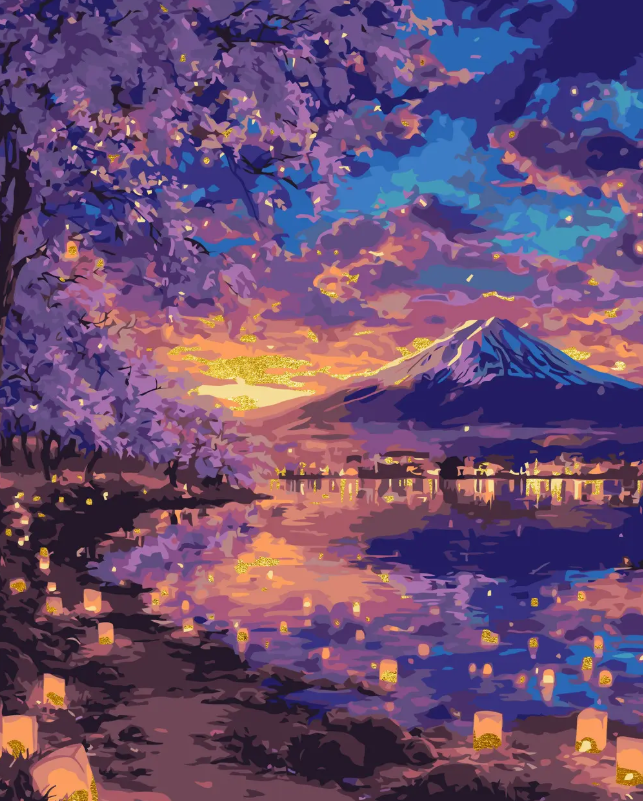 Pictura pe numere „Peisaj. Fuji fermecator” cu vopsele metalice 40*50 cm Origami, LW3555