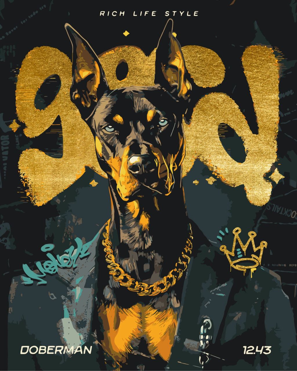 Pictura pe numere „Doberman cu lant auriu. Animale” cu vopsele metalice 40*50 cm Origami, LW30460