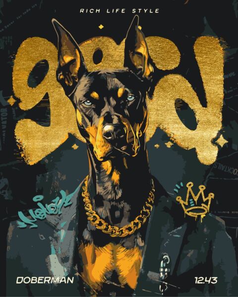 Pictura pe numere „Doberman cu lant auriu. Animale” cu vopsele metalice 40*50 cm Origami, LW30460