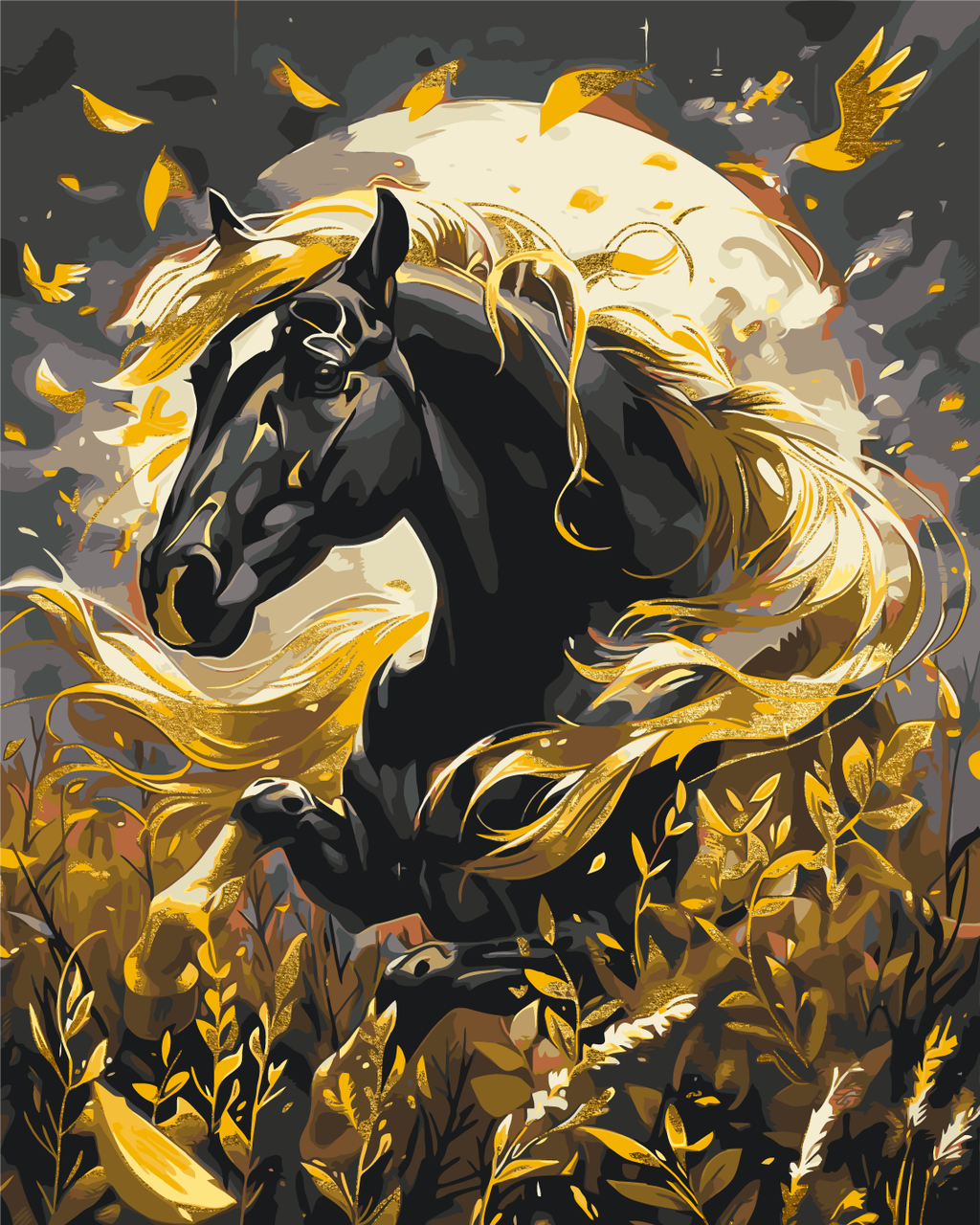 Картина по номерам «Животные. Черный конь» с красками металлик 40*50 см Оригами, LW31200