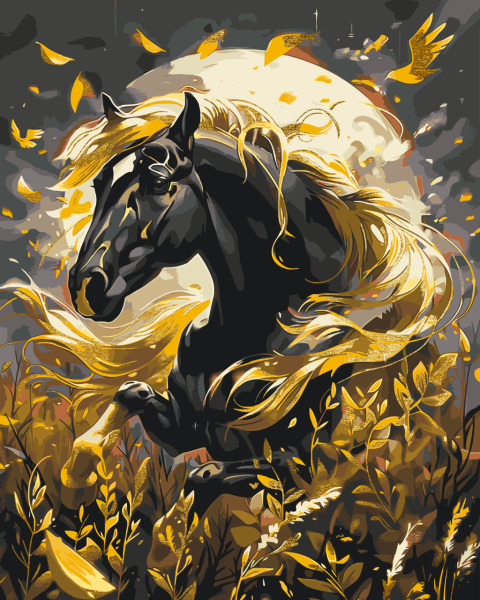 Pictura pe numere „Animale. Cal negru” cu vopsele metalice 40*50 cm Origami, LW31200