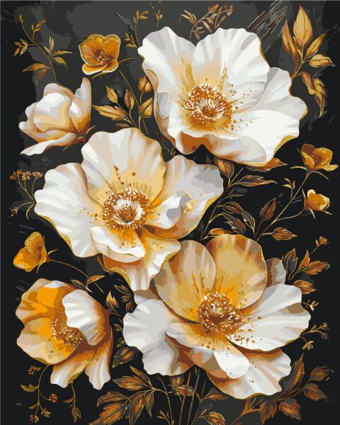 Картина по номерам «Золотые цветы на черном фоне» с красками металлик 40*50 см Оригами, LW3335