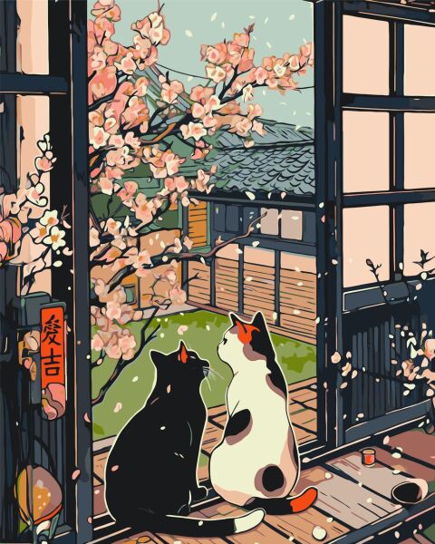 Pictura pe numere „Animale. Pisicute langa sakura” 40*50 cm Origami, LW3404