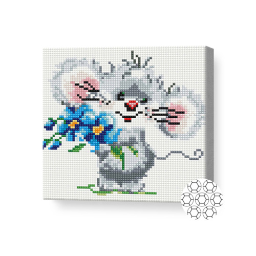 Мышонок с букетом, 20x20 см, алмазная мозаика BJ385