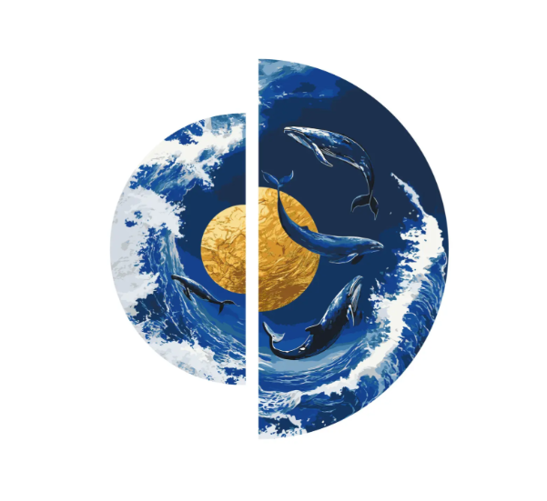 Pictura pe numere „Dansul balenelor langa planeta aurie” cu vopsele metalice (semicercuri) 70*70 cm Origami, OSR1002