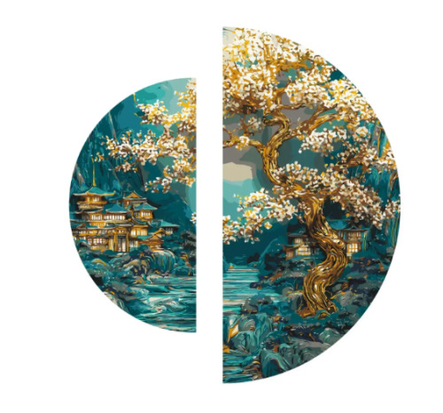 Pictura pe numere „Peisaj. Linistea rasaritului japonez” cu vopsele metalice (semicercuri) 70*70 cm Origami, OSR1009