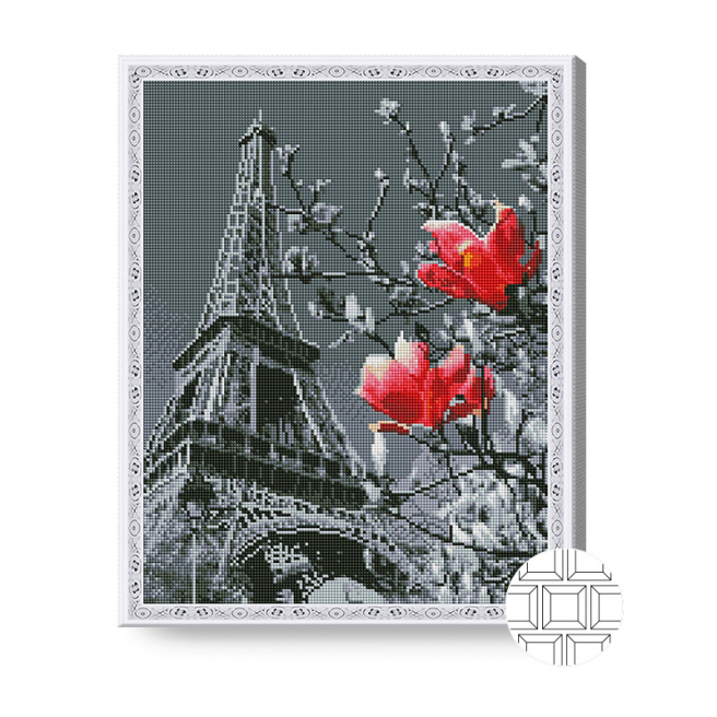 Mozaic cu diamante pătrate Paris gri și flori roșii, 40x50 cm, QB205512