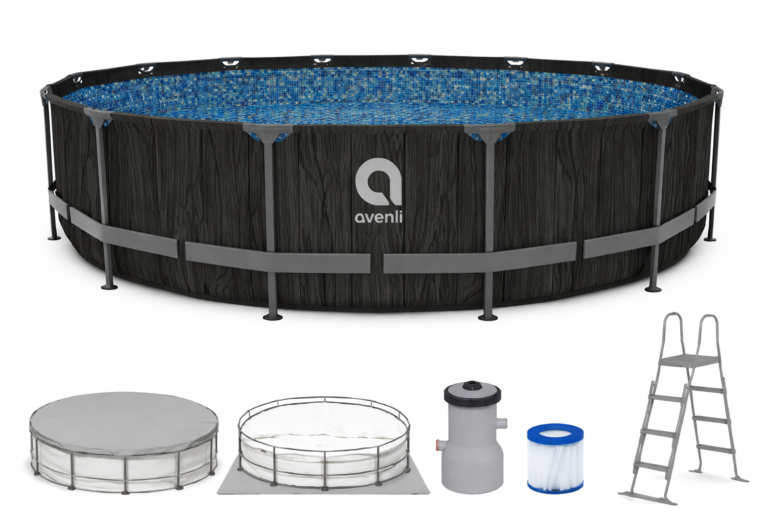 Piscina Avenli Black Wood, 457x107cm, 14637L, cadru metalic, pompa de filtrare, scara, covoras, copertina, 12268EUV64