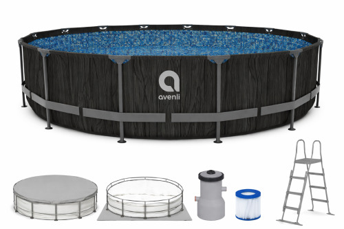 Piscina Avenli Black Wood, 457x107cm, 14637L, cadru metalic, pompa de filtrare, scara, covoras, copertina, 12268EUV64