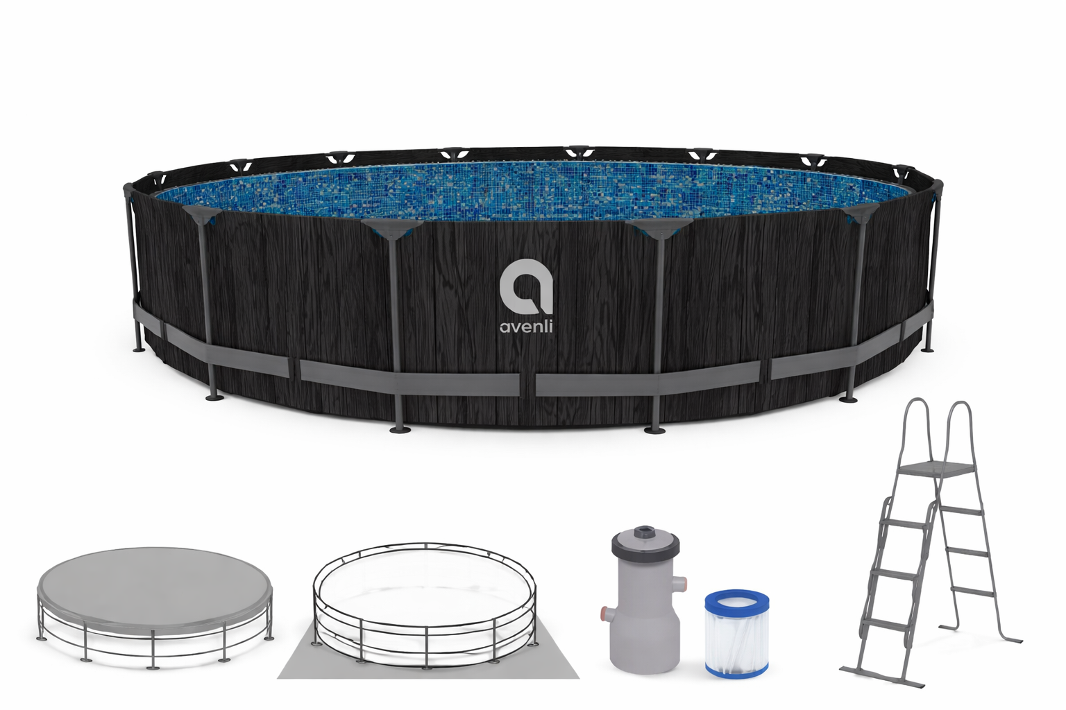 Бассейн Avenli Black Wood, 457x107cм, 14637 Л, металлический каркас, фильтр-насос, лестница, подстилка, тент, 12270EUV64