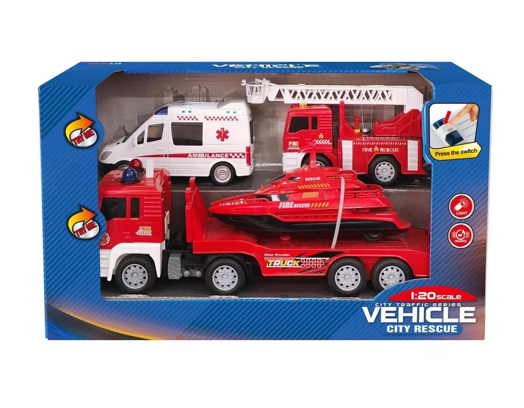 Set de masini cu inertie cu camion, iaht, ambulanta si masina de pompieri, 661-036