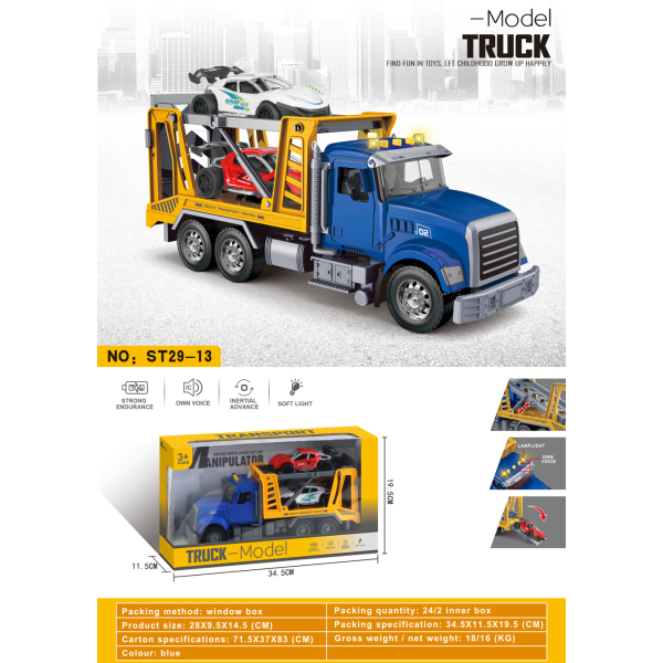 Transportor urban cu două niveluri și 2 mașini de curse, inerțial, lumină, sunet,reîncărcabil, roți negre, plastic ST29-13